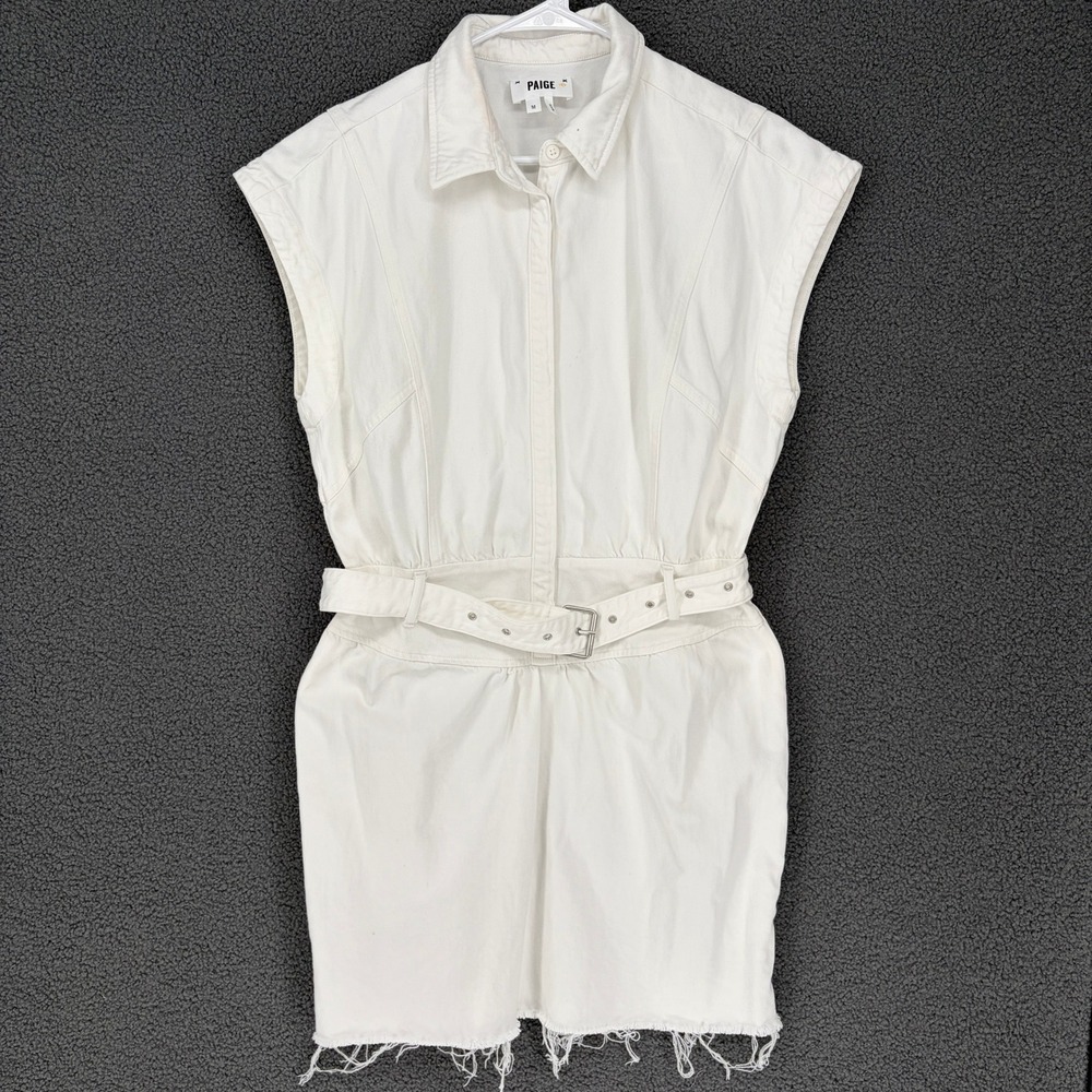 Paige White Sleeveless Belted Denim Mini Dress Raw Hem Medium